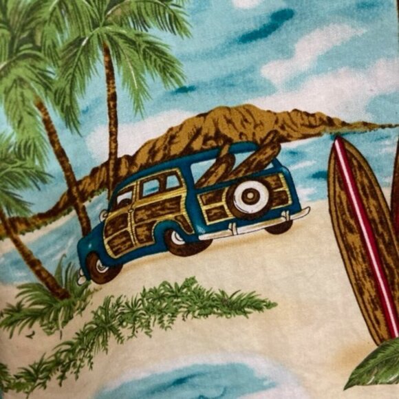 Vtg KY's Hawaiian Shirt Men's L Tropical Wood Panel Cars Surf Boards Palm Trees - Picture 5 of 7